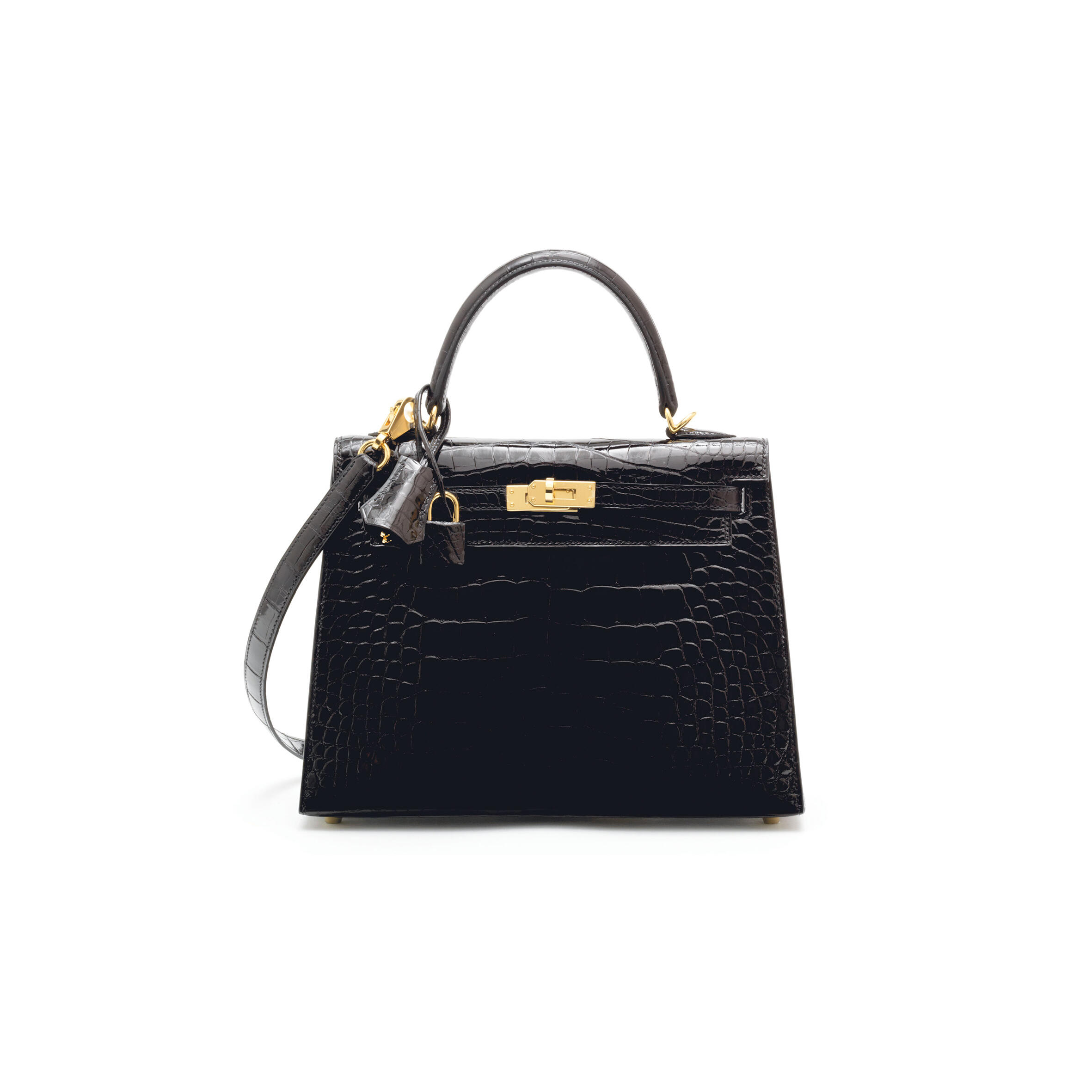 HERMÈS MASTER BLACK ALLIGATOR SELLIER KELLY 25 WITH GOLD HARDWARE (25*17*7cm)